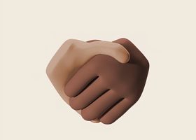 A minimalist 3D depiction of two hands in a handshake symbolizing unity and diversity.
